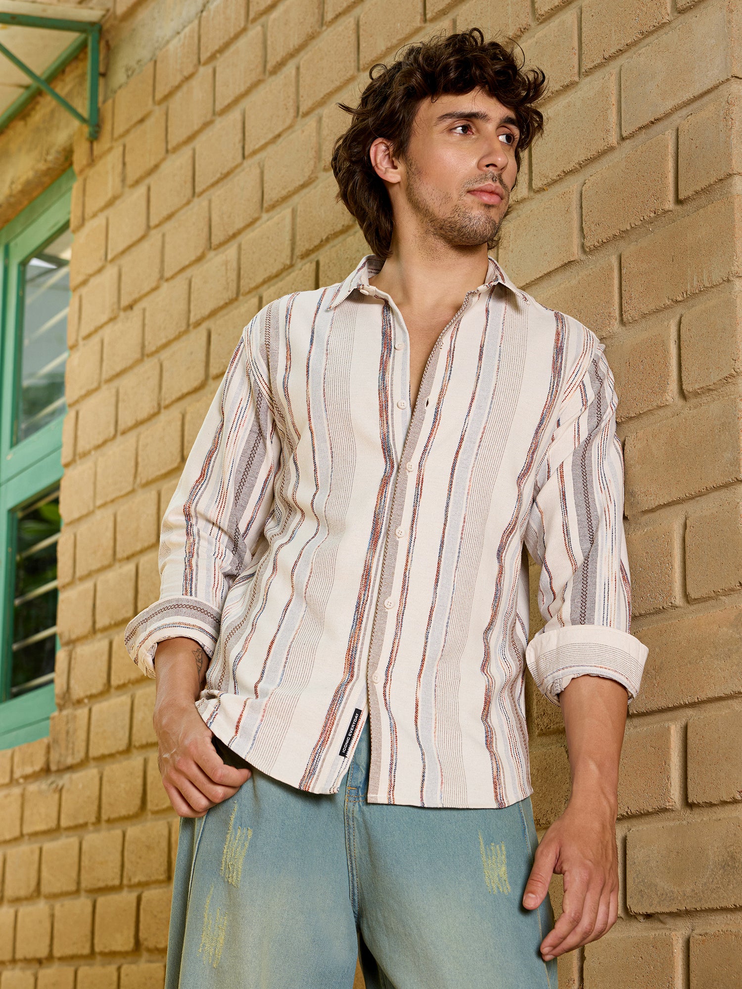 Men Off White Striped Shirt