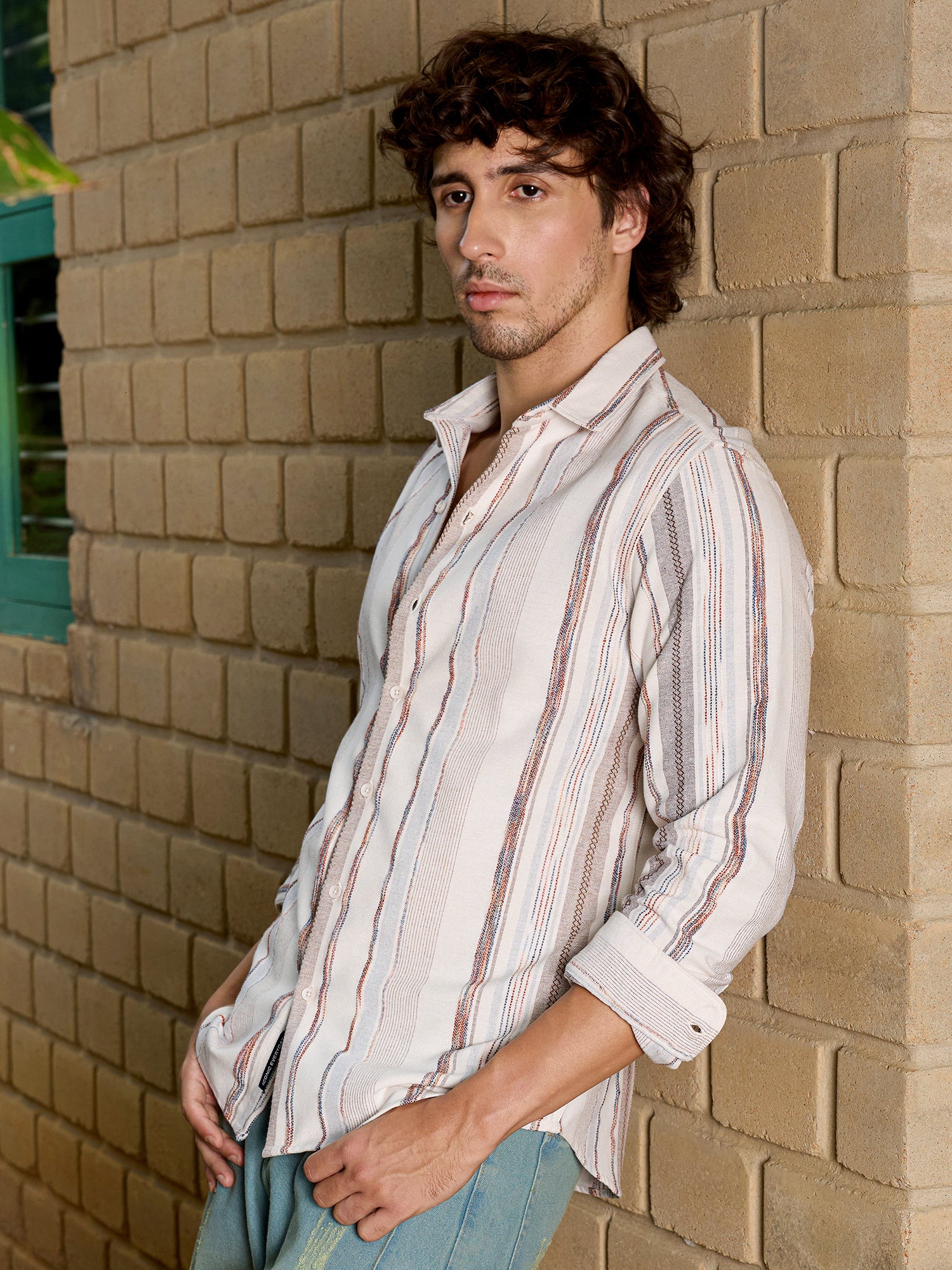 Men Off White Striped Shirt
