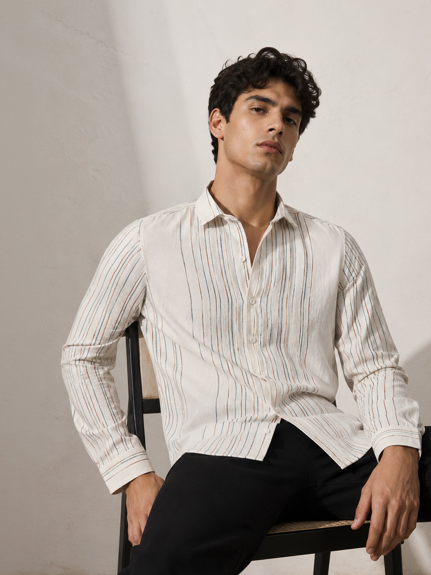 Men Off White Striped Shirt