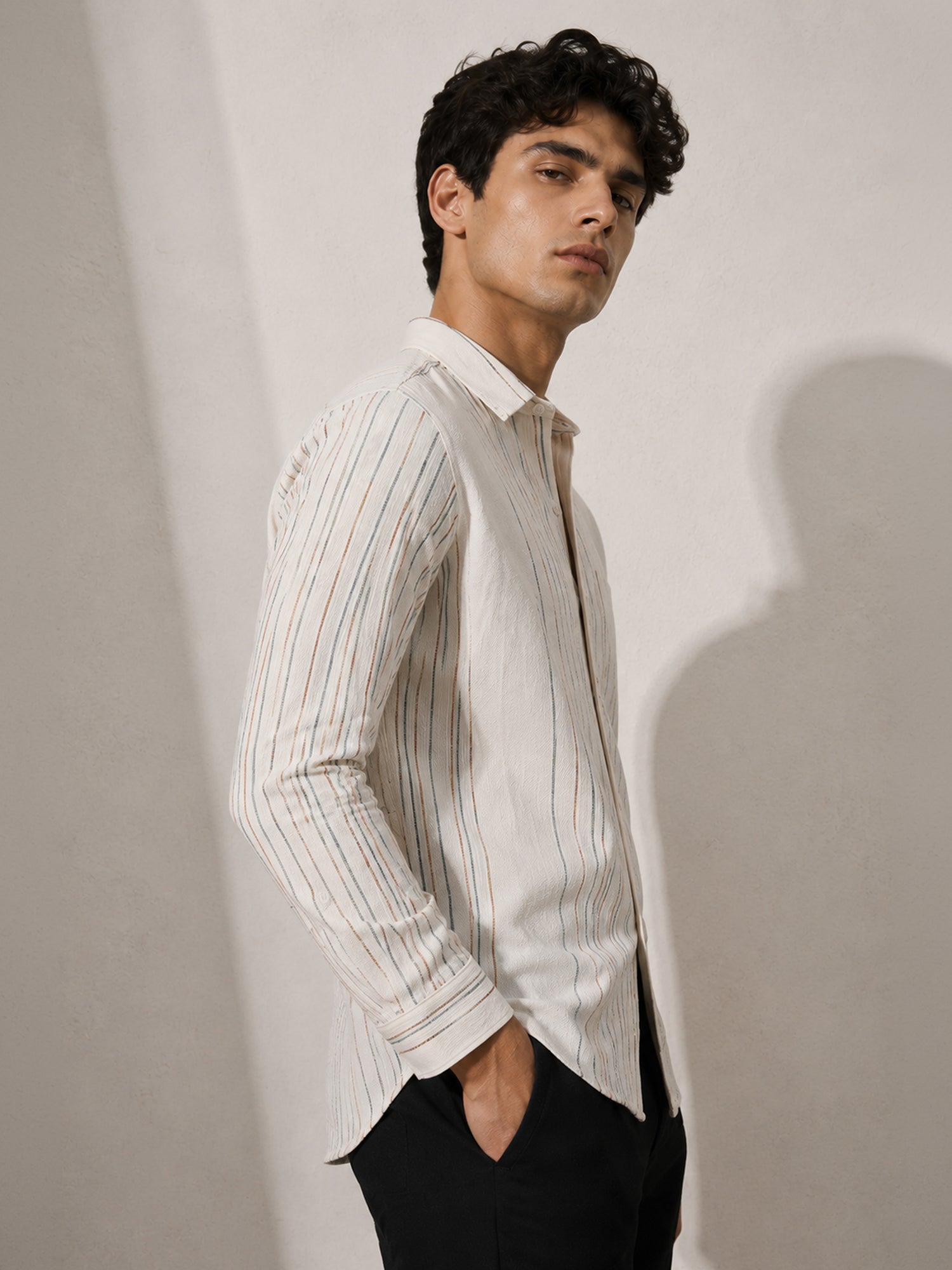 Men Off White Striped Shirt