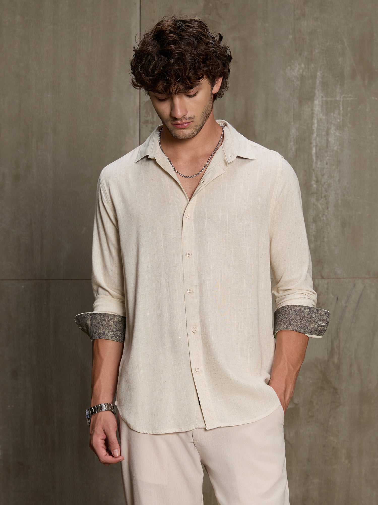 Men Cream Solid Full Sleeve Smart Casual Shirt