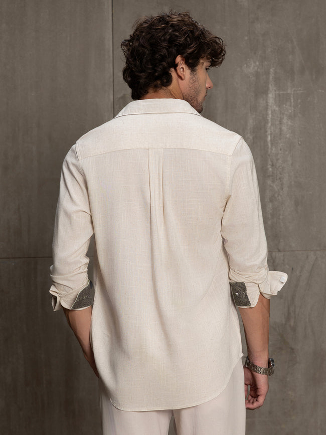 Men Cream Solid Full Sleeve Smart Casual Shirt
