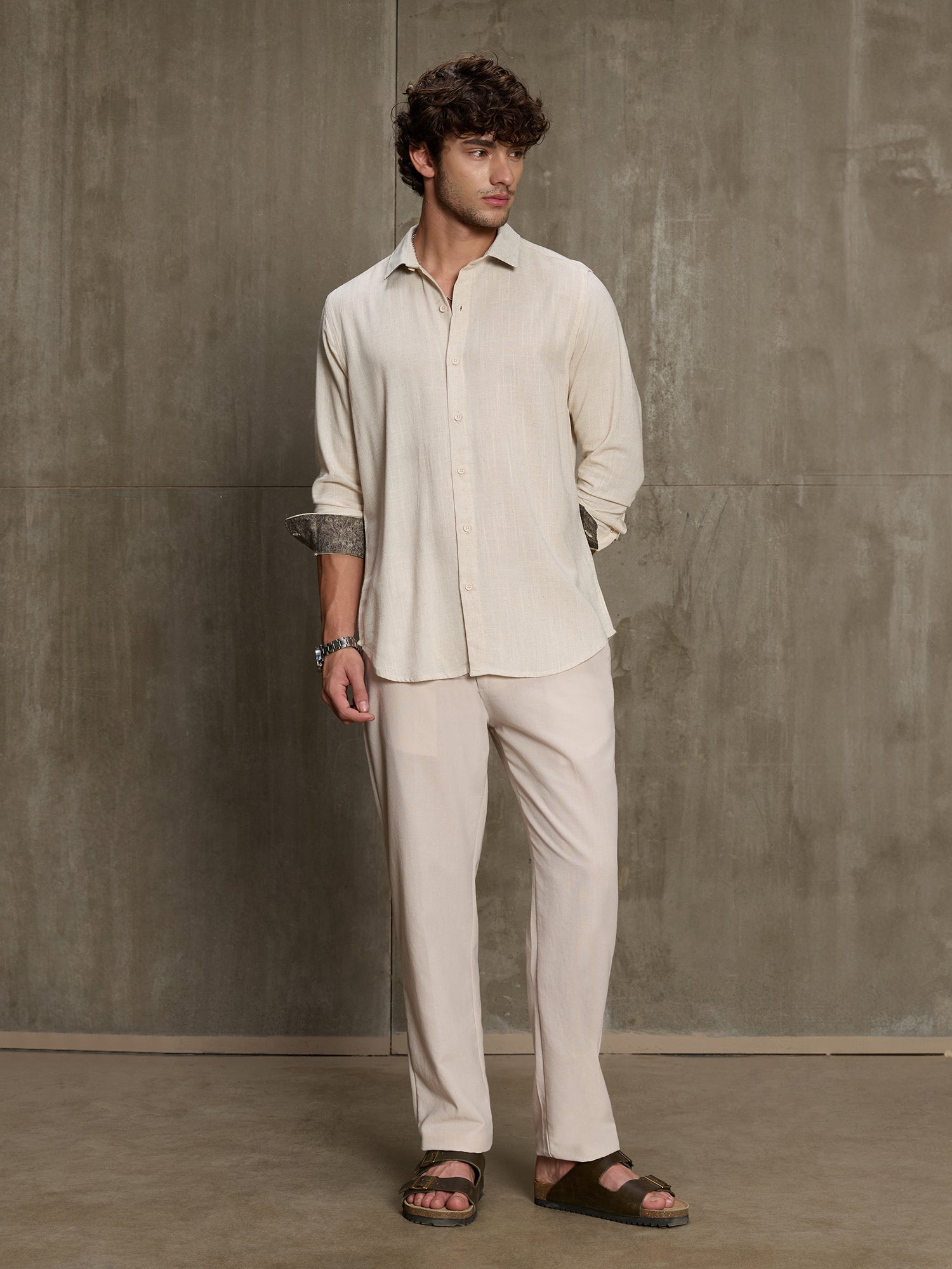 Men Cream Solid Full Sleeve Smart Casual Shirt