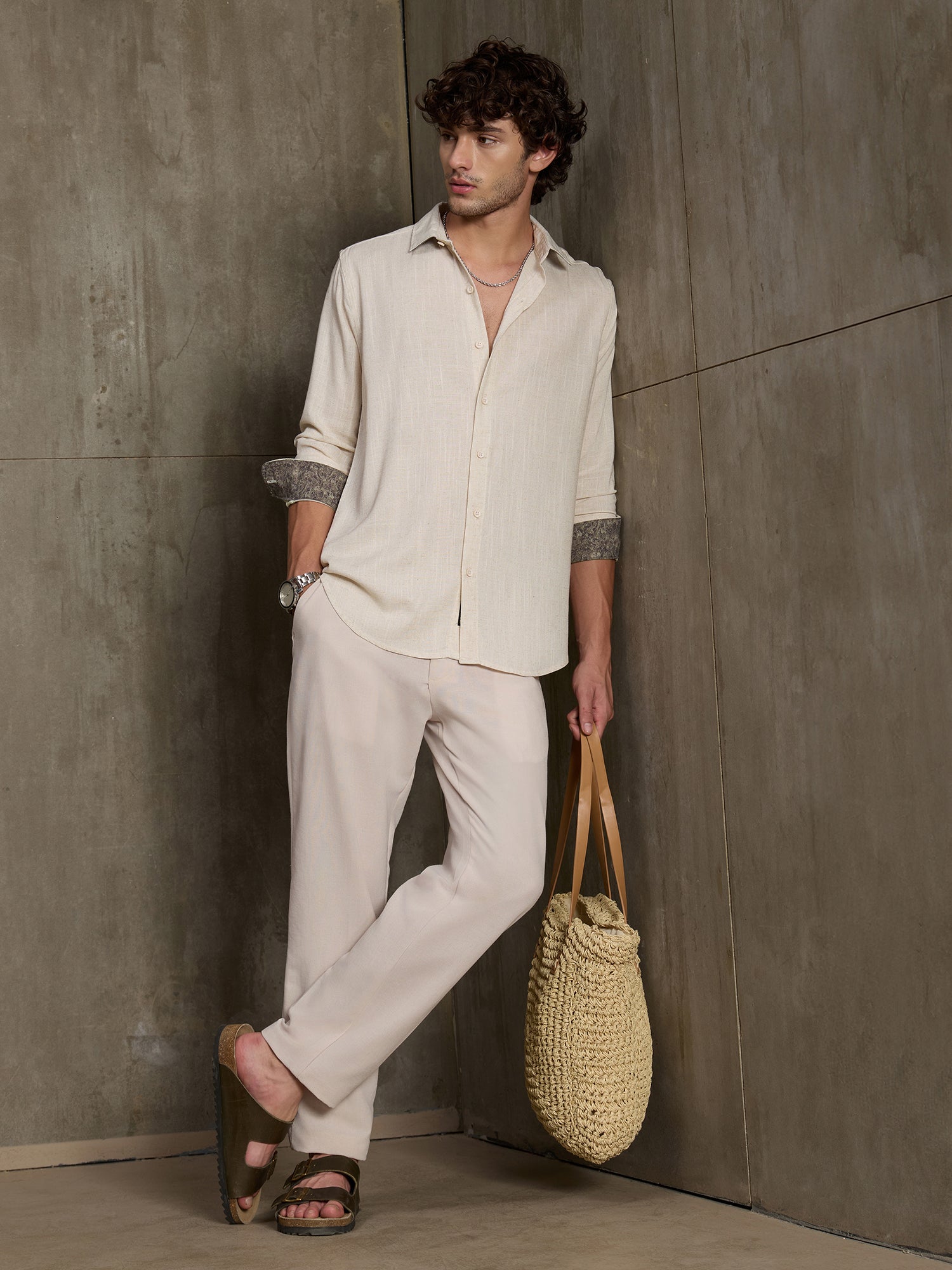 Men Cream Solid Full Sleeve Smart Casual Shirt