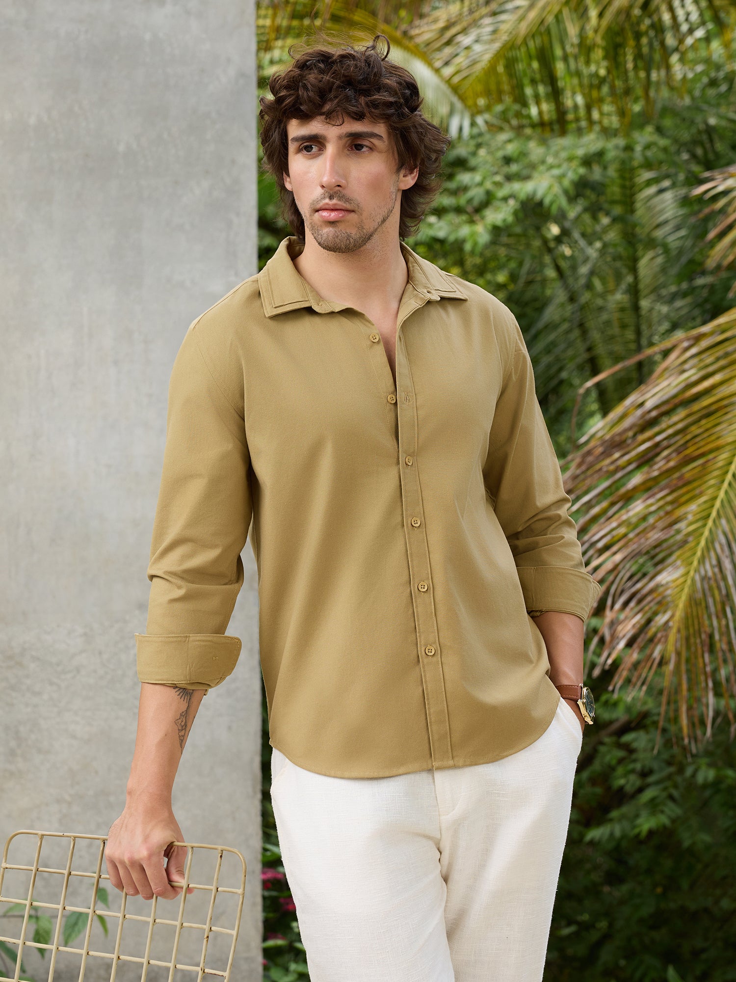 Men Beige Solid Shirt