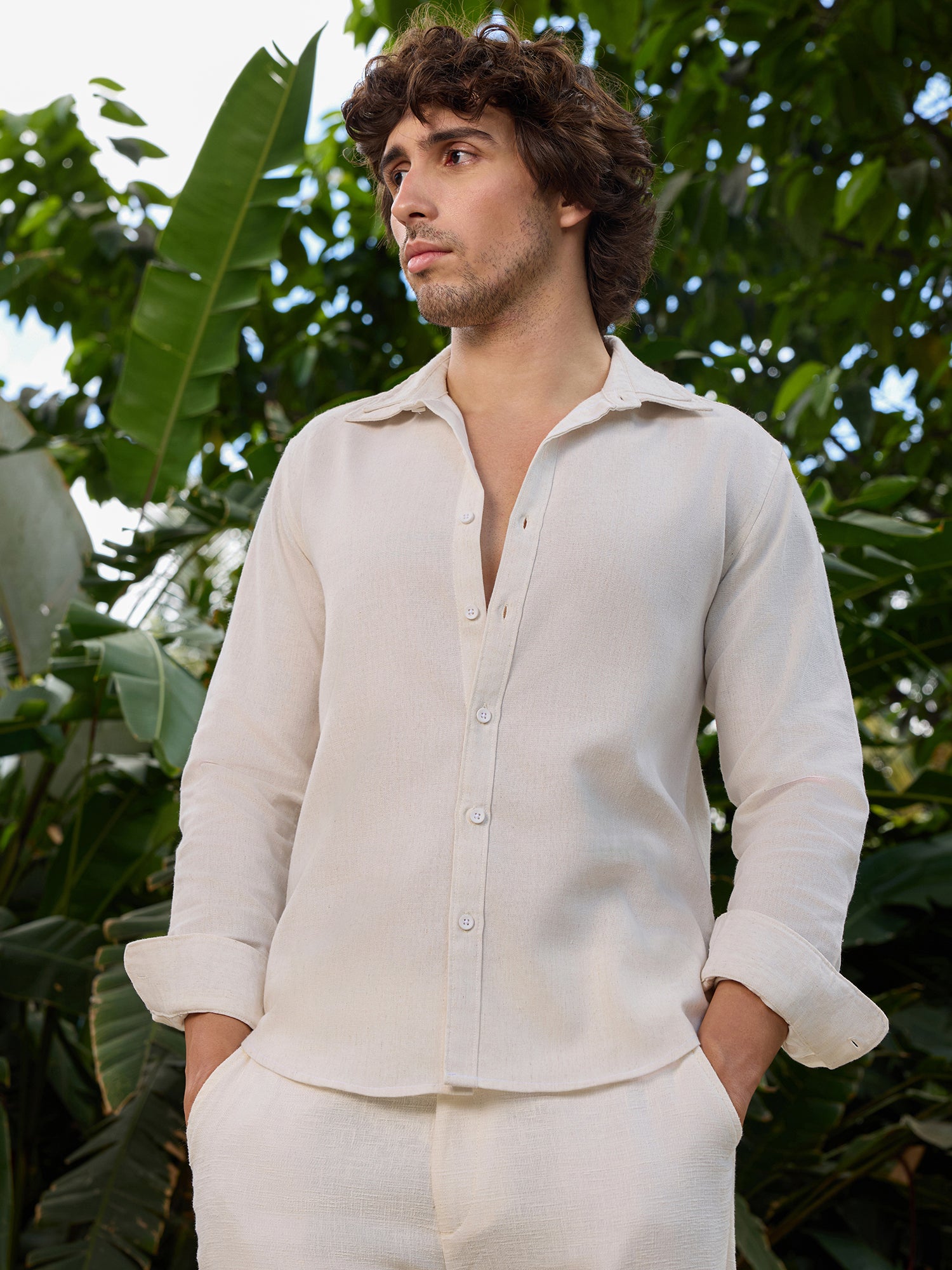 Men Off White Solid Shirt
