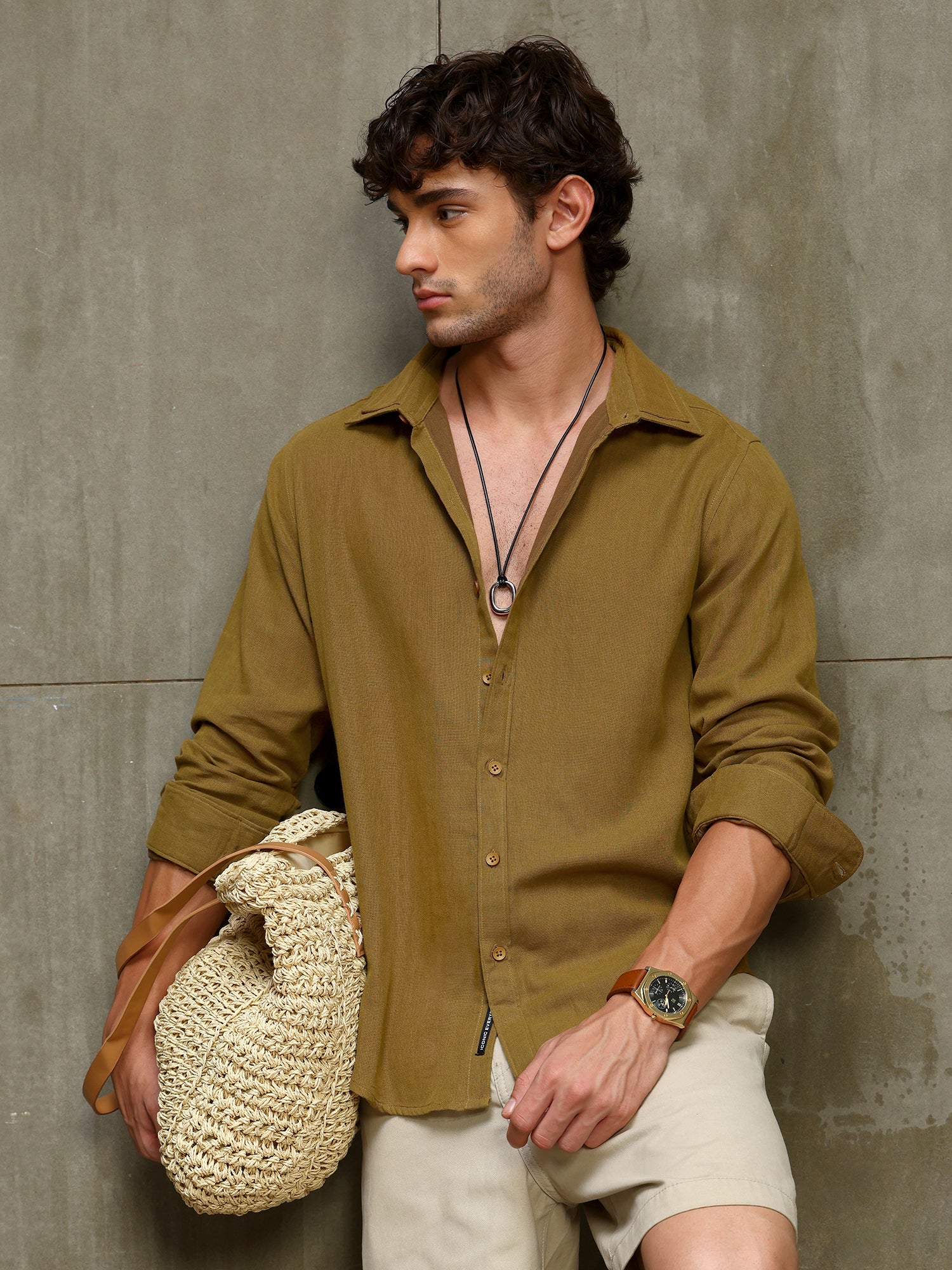 Men Mustard Solid Full Sleeves Shirt