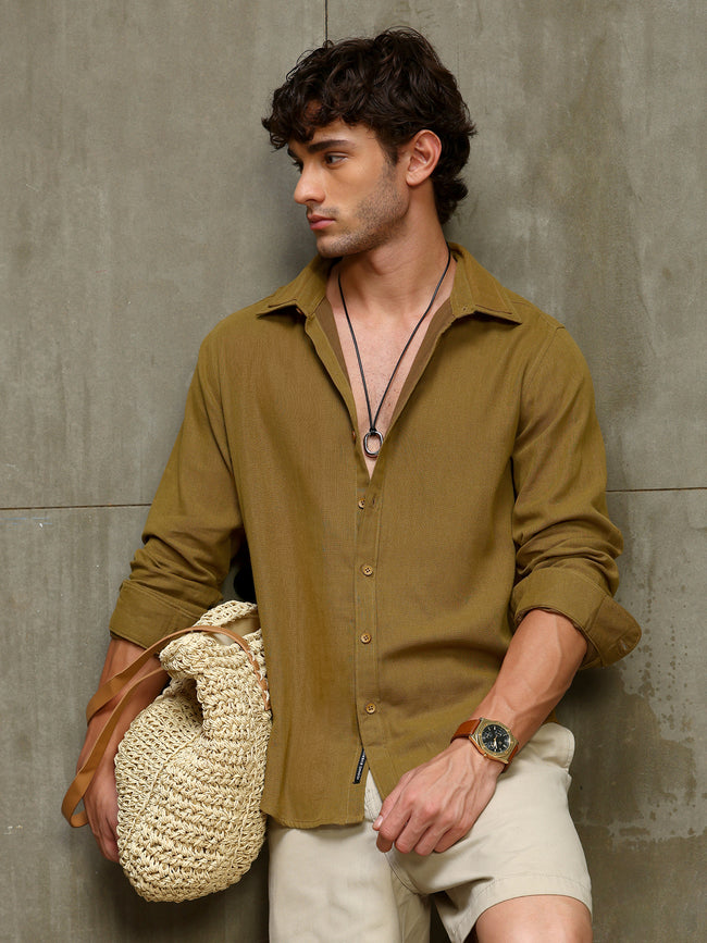 Men Mustard Solid Full Sleeves Shirt
