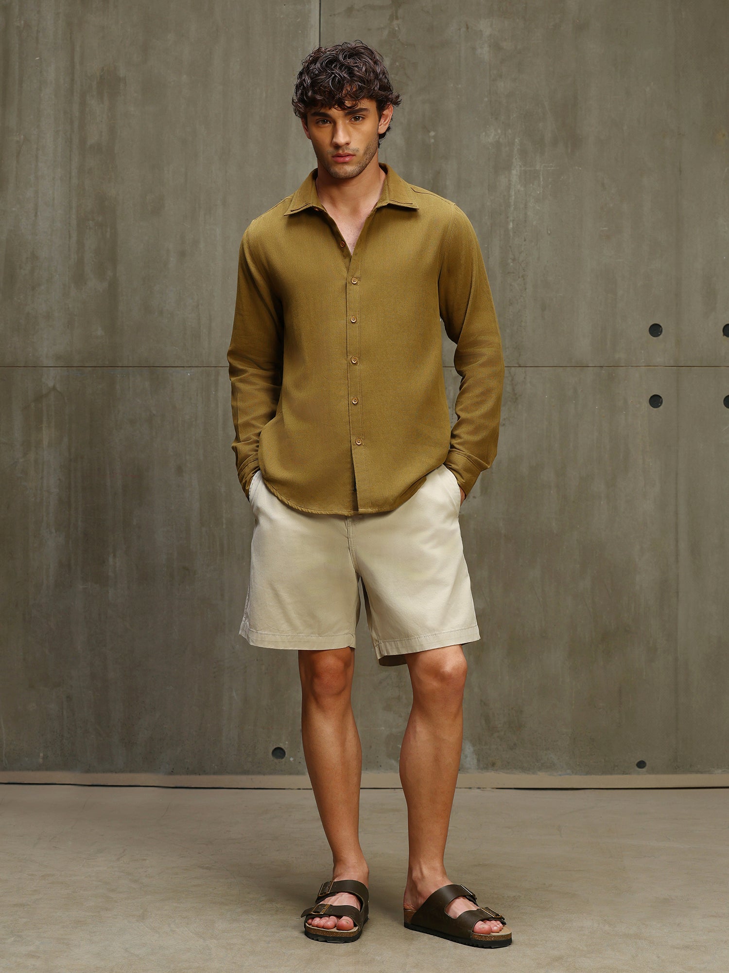 Men Mustard Solid Full Sleeves Shirt