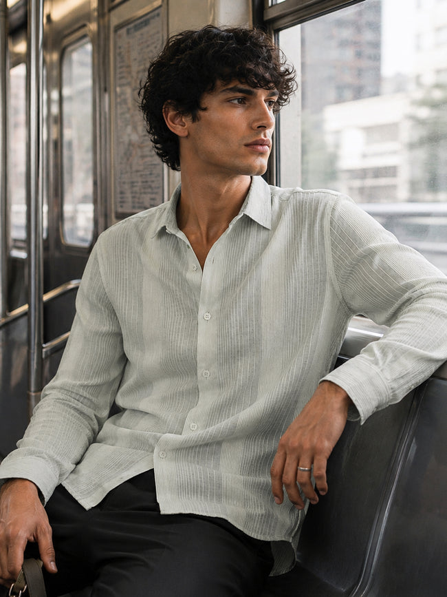 Men Light Green Striped Cotton Shirt