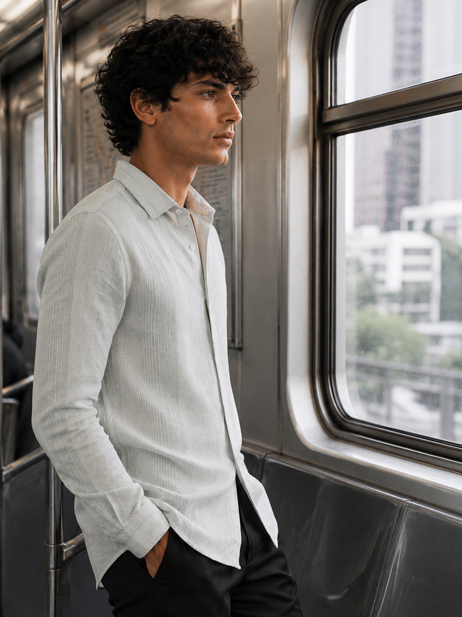 Men Light Green Striped Cotton Shirt