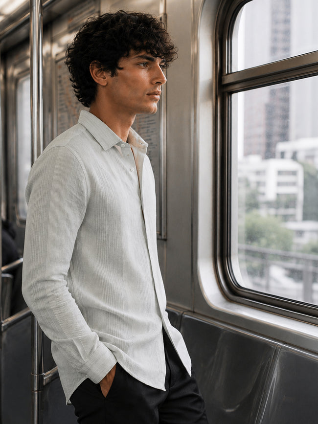 Men Light Green Striped Cotton Shirt