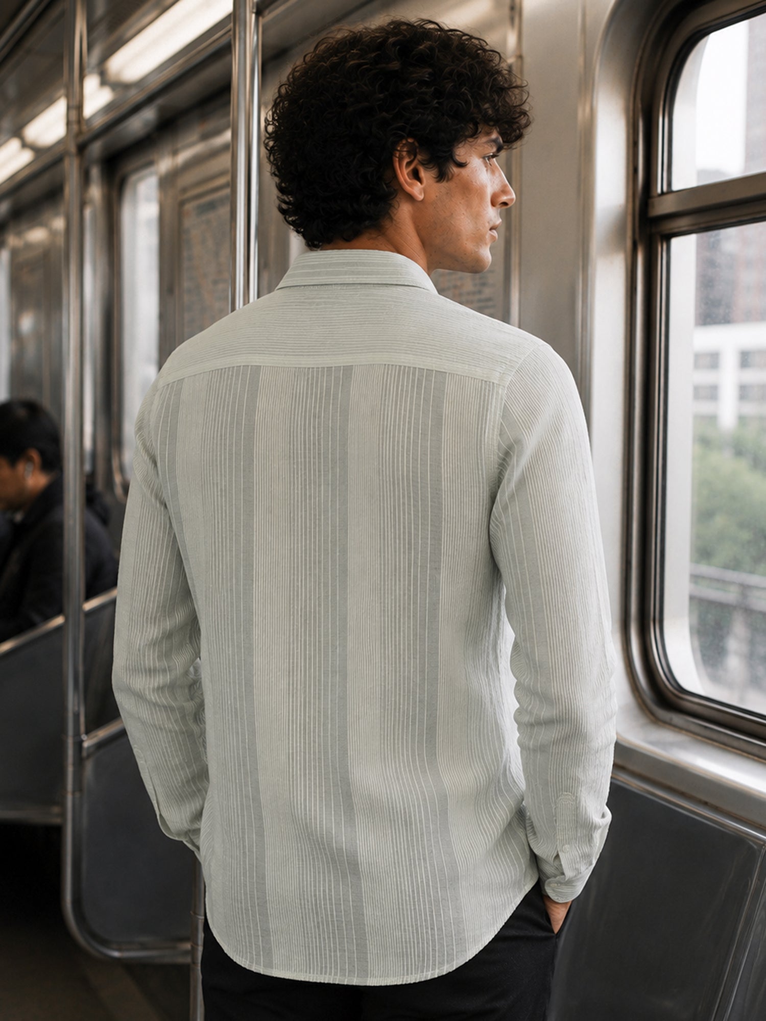 Men Light Green Striped Cotton Shirt