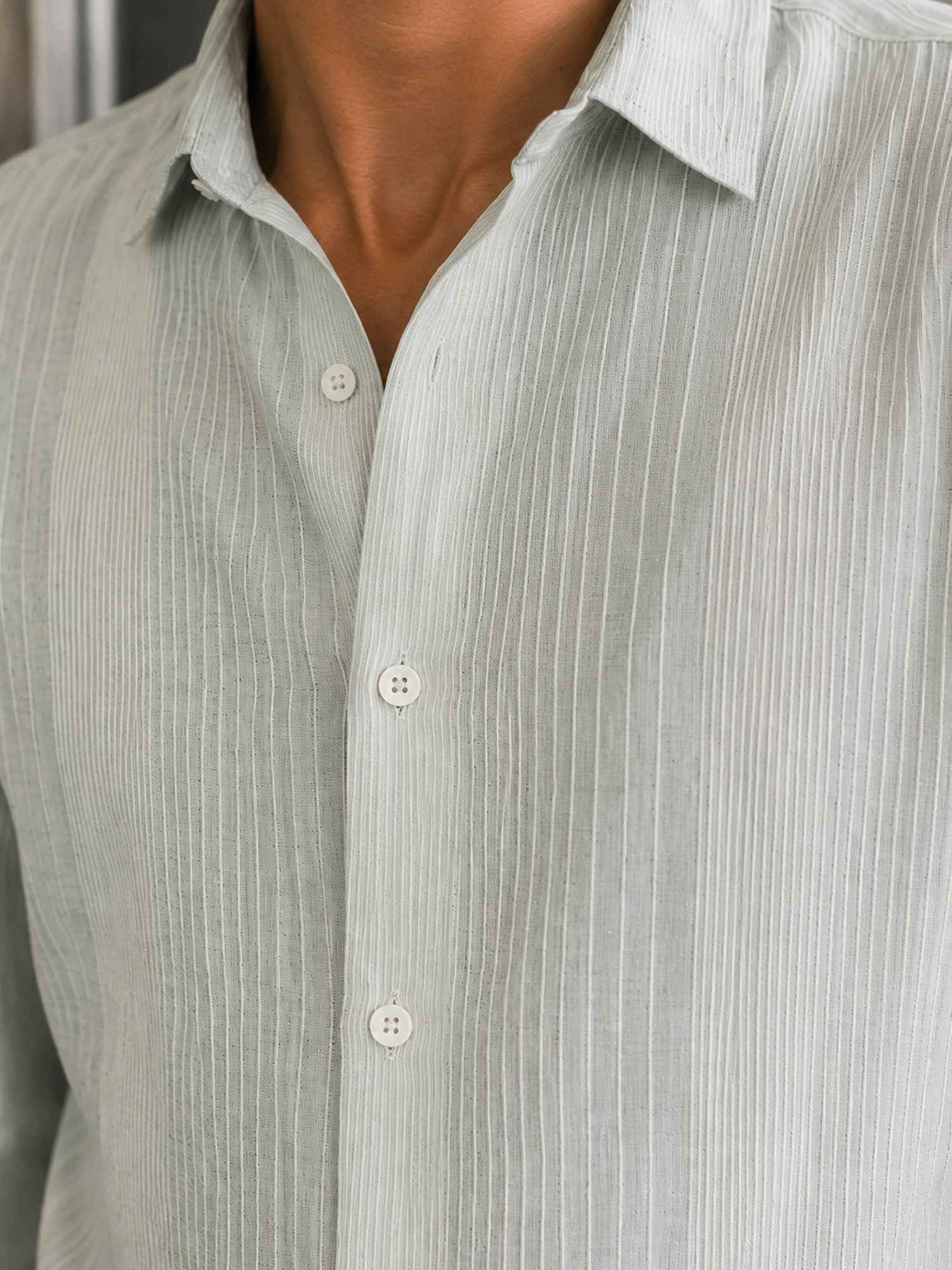 Men Light Green Striped Cotton Shirt