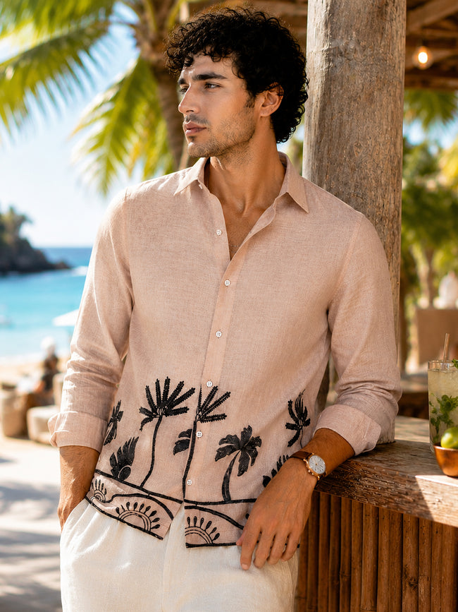 Men Beige Self Design Full Sleeves Shirt