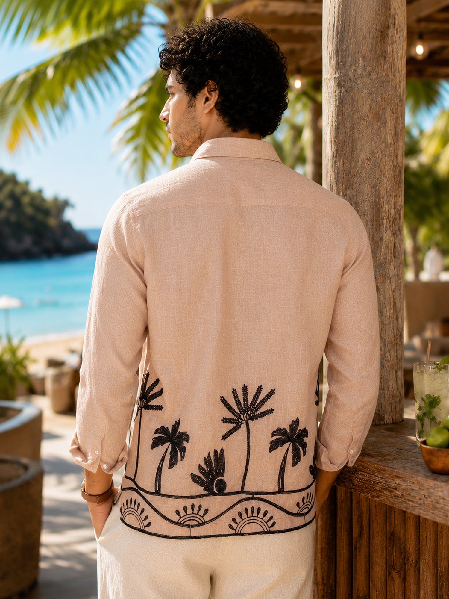 Men Beige Self Design Full Sleeves Shirt