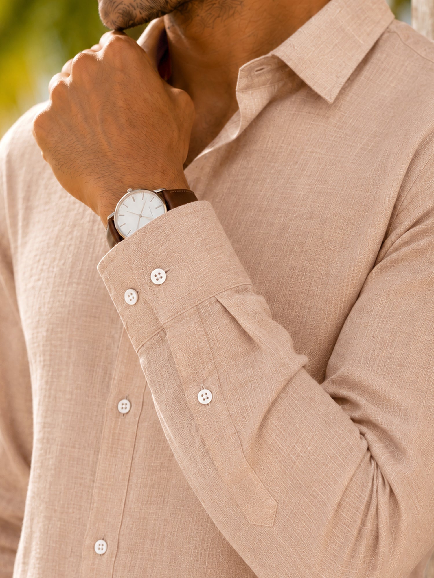 Men Beige Self Design Full Sleeves Shirt