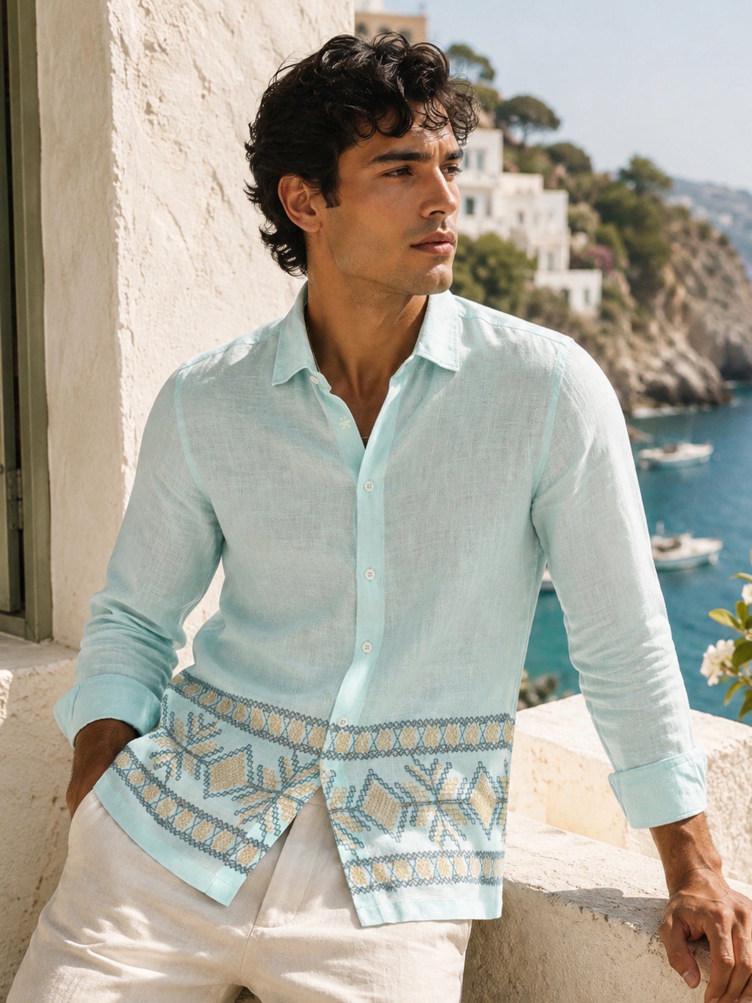 Men Blue Embroidered Regular Fit Shirt