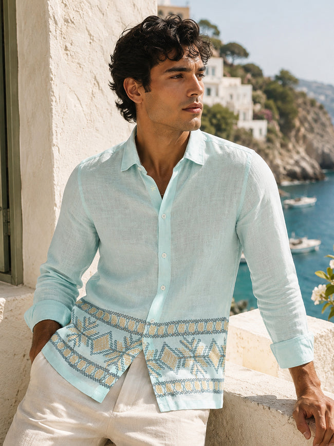 Men Blue Embroidered Regular Fit Shirt