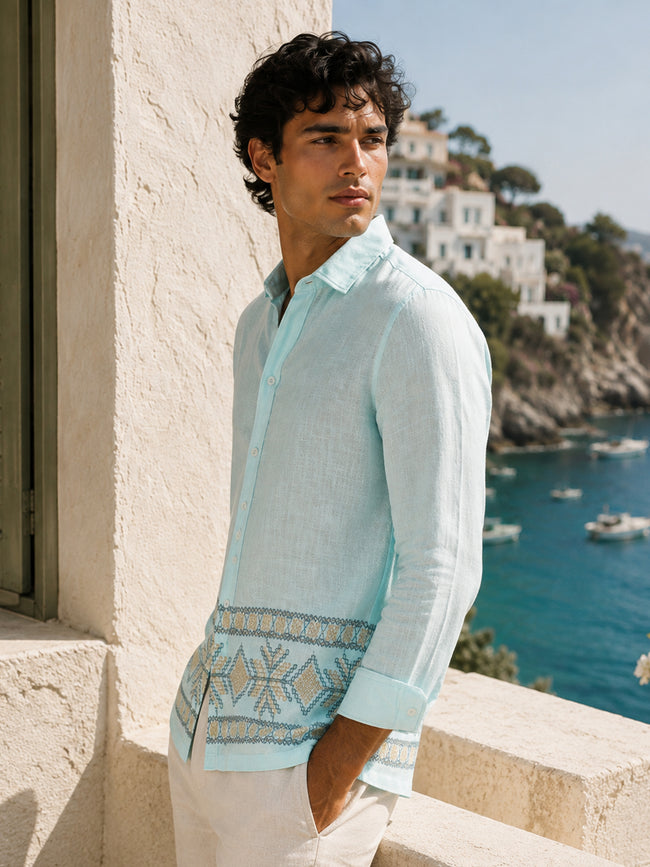 Men Blue Embroidered Regular Fit Shirt