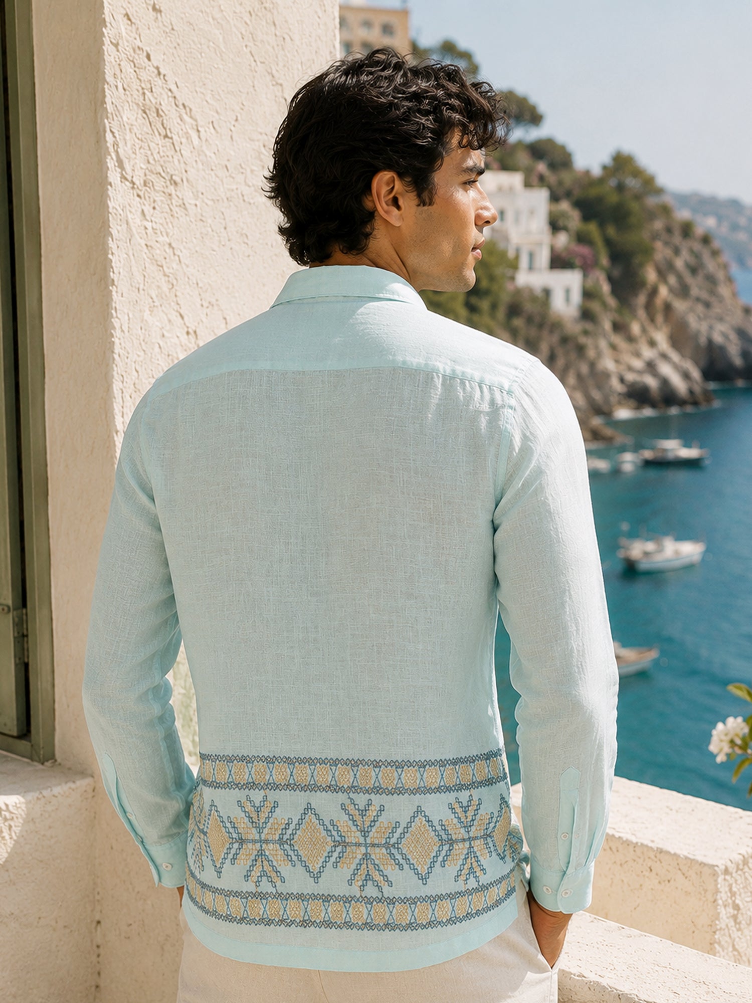 Men Blue Embroidered Regular Fit Shirt