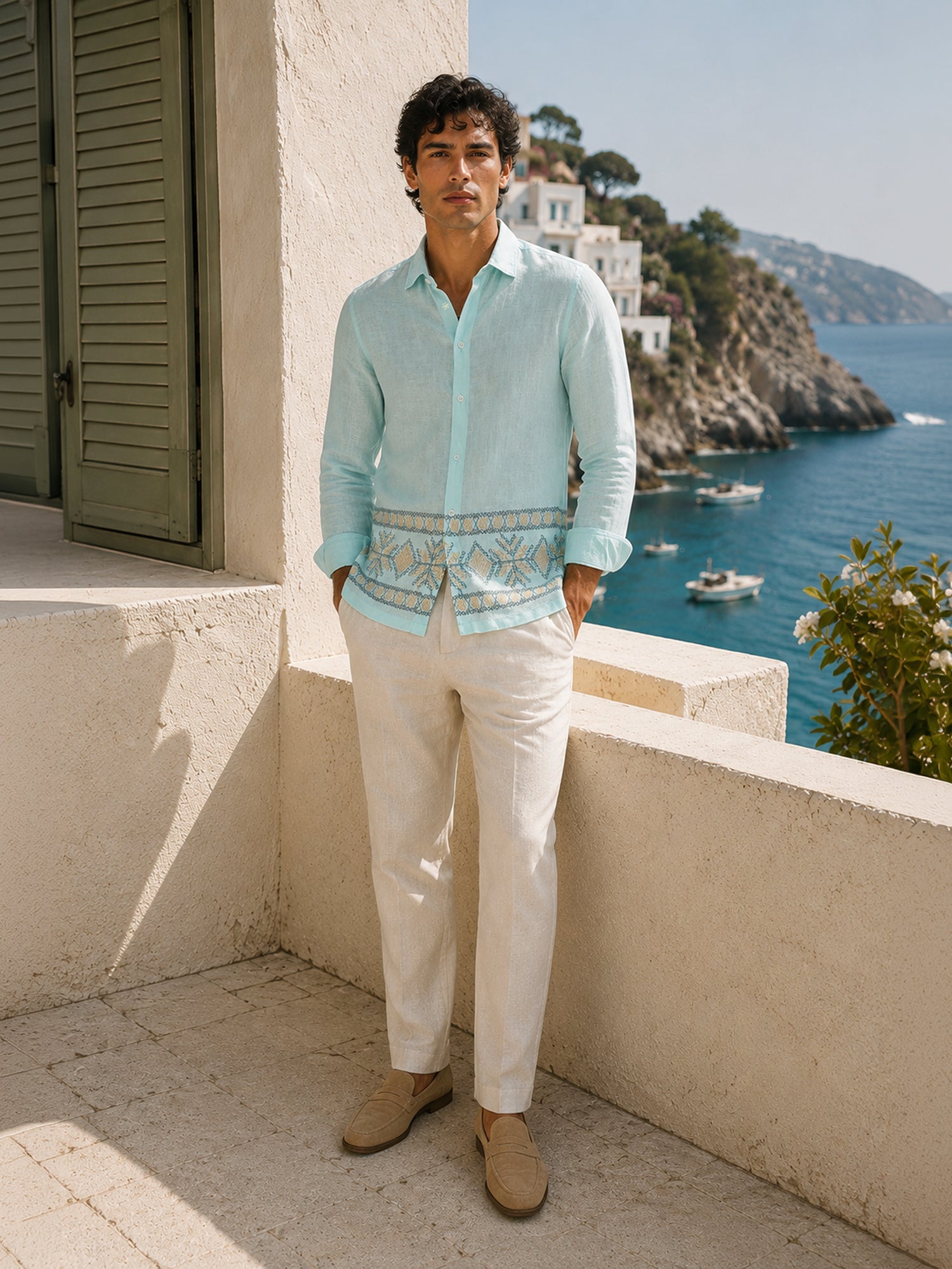 Men Blue Embroidered Regular Fit Shirt