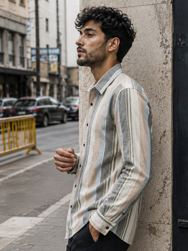 Men Beige Striped Oversized Fit Shirt