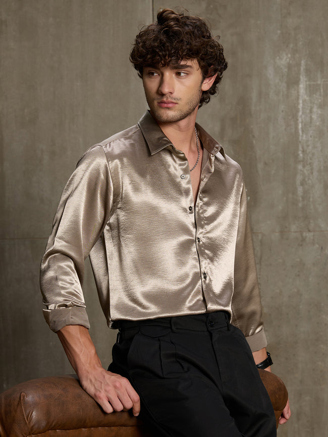 Men Gold Solid Full Sleeve Party Shirt