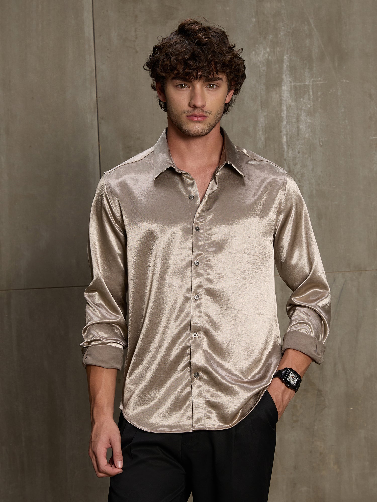 Men Gold Solid Full Sleeve Party Shirt