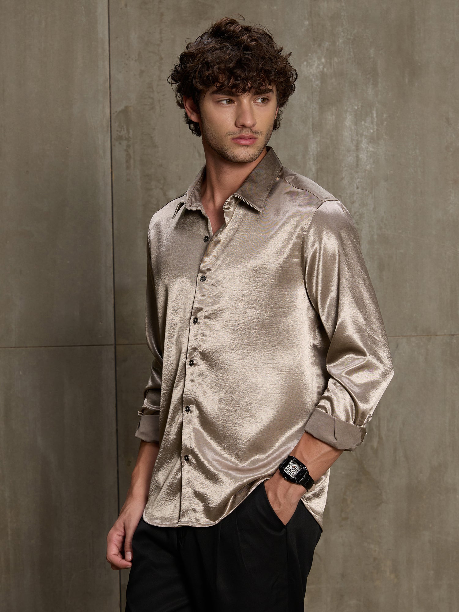 Men Gold Solid Full Sleeve Party Shirt