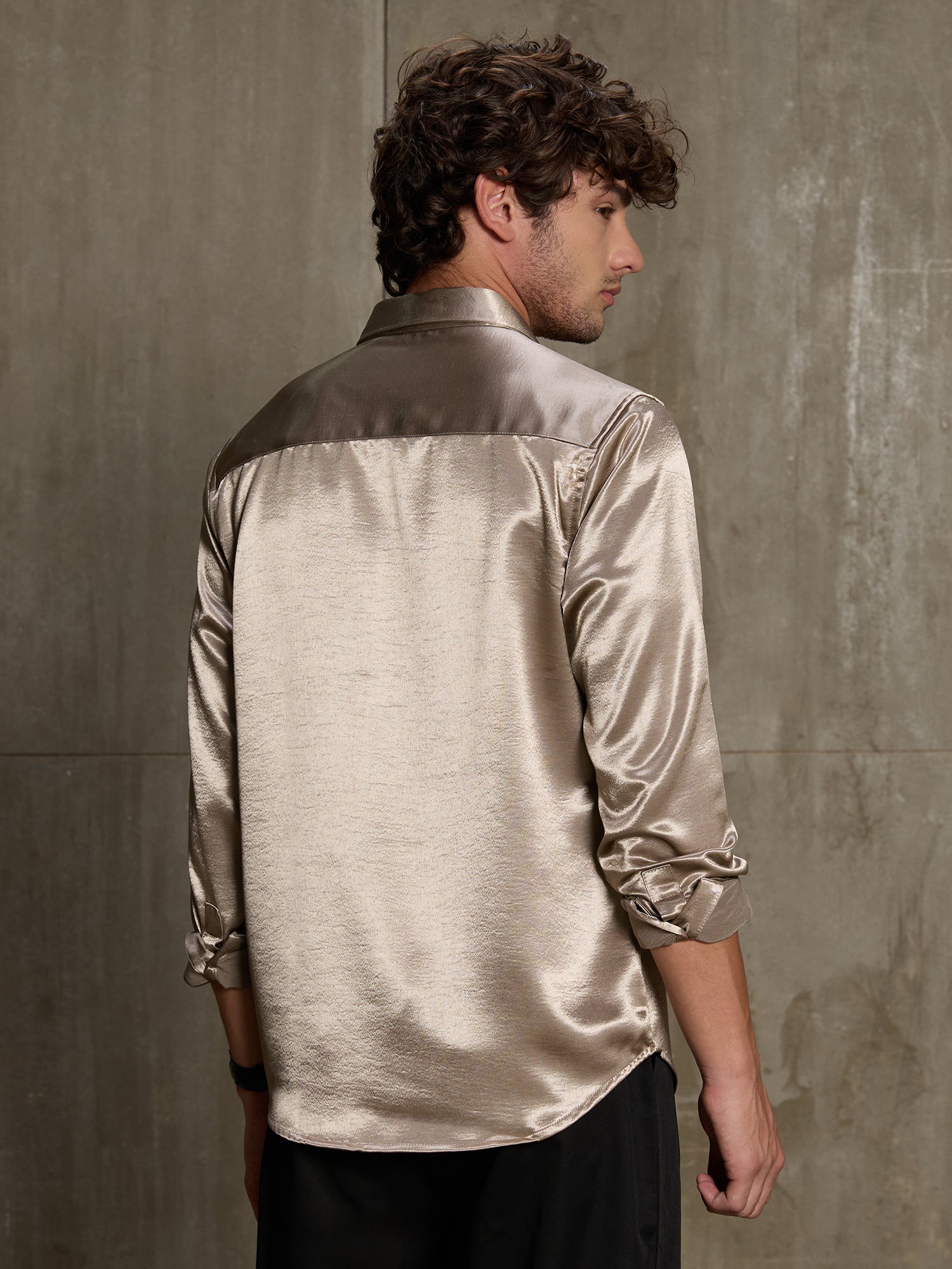 Men Gold Solid Full Sleeve Party Shirt