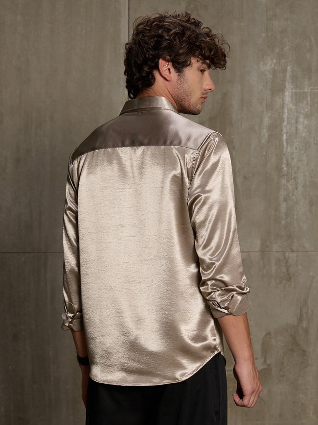 Men Gold Solid Full Sleeve Party Shirt