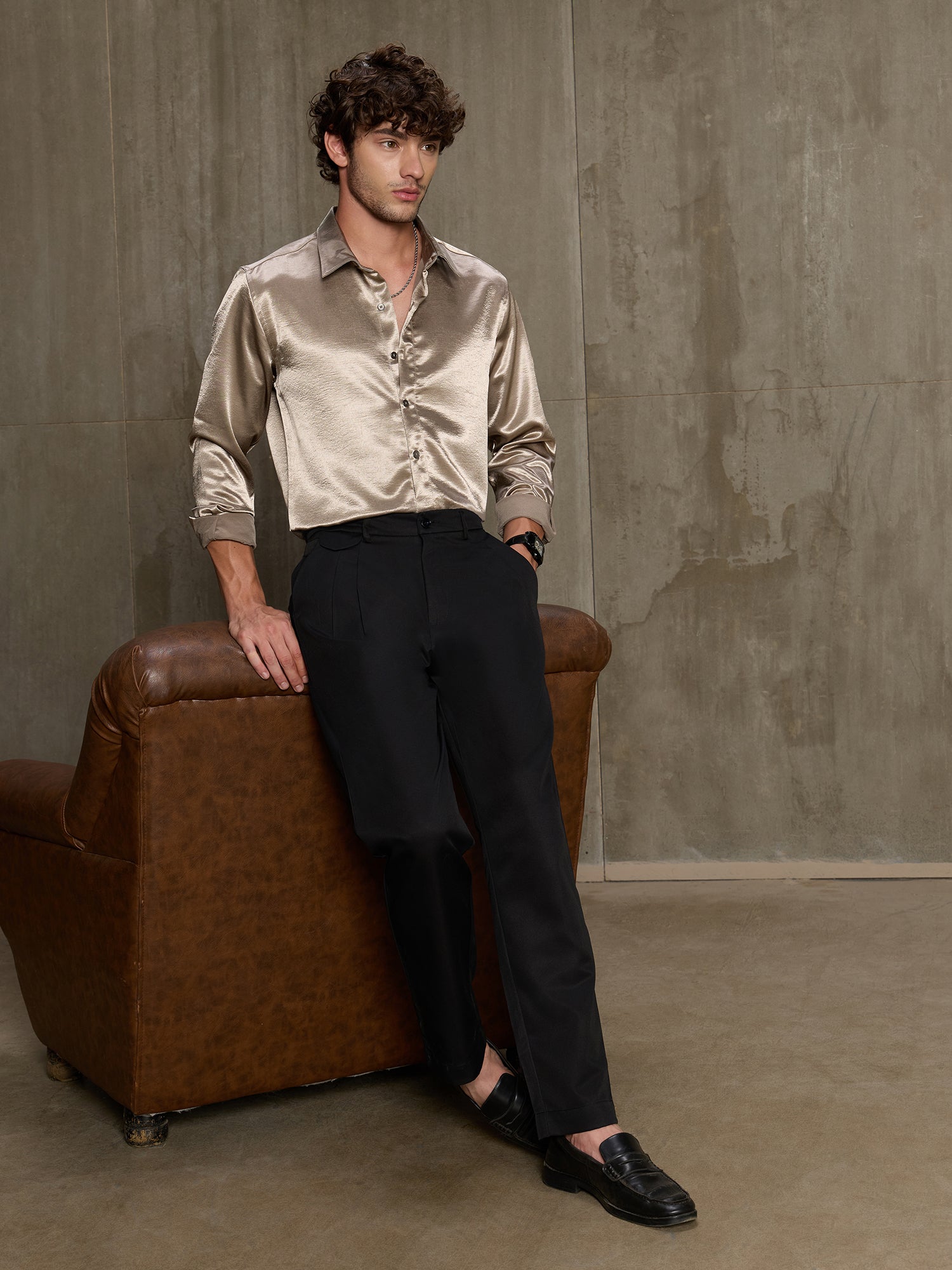 Men Gold Solid Full Sleeve Party Shirt