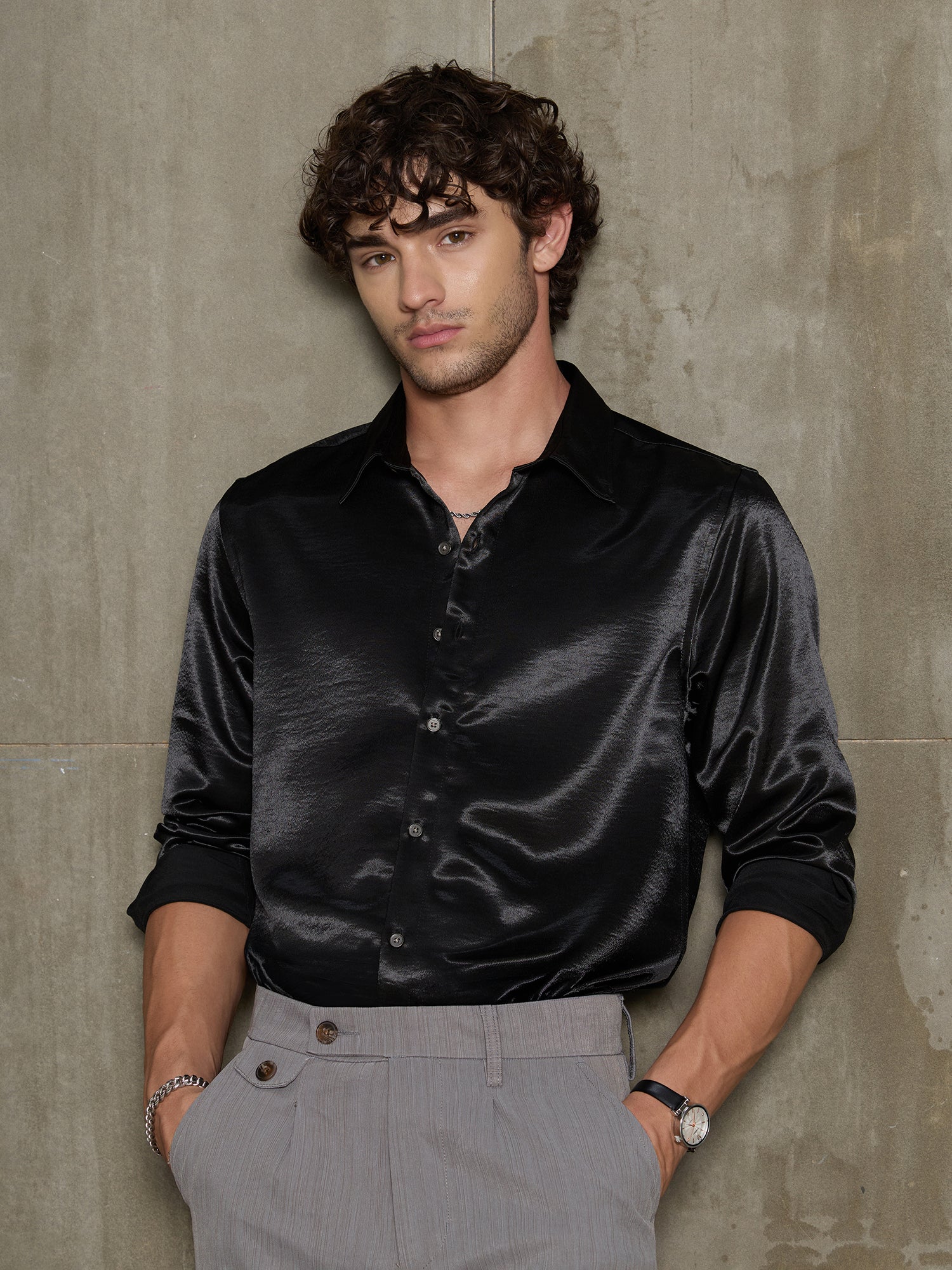 Men Black Solid Full Sleeve Party Shirt