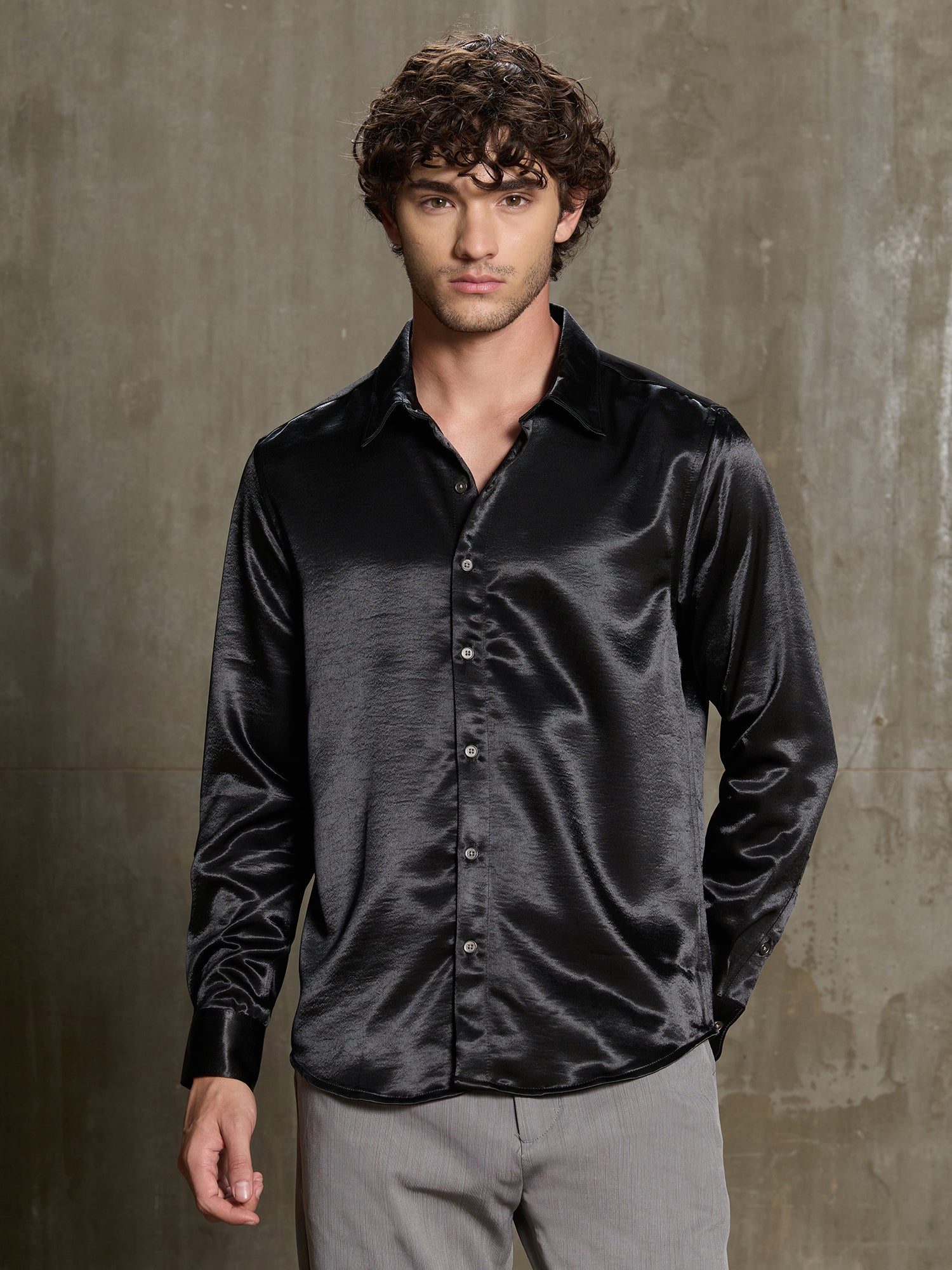 Men Black Solid Full Sleeve Party Shirt
