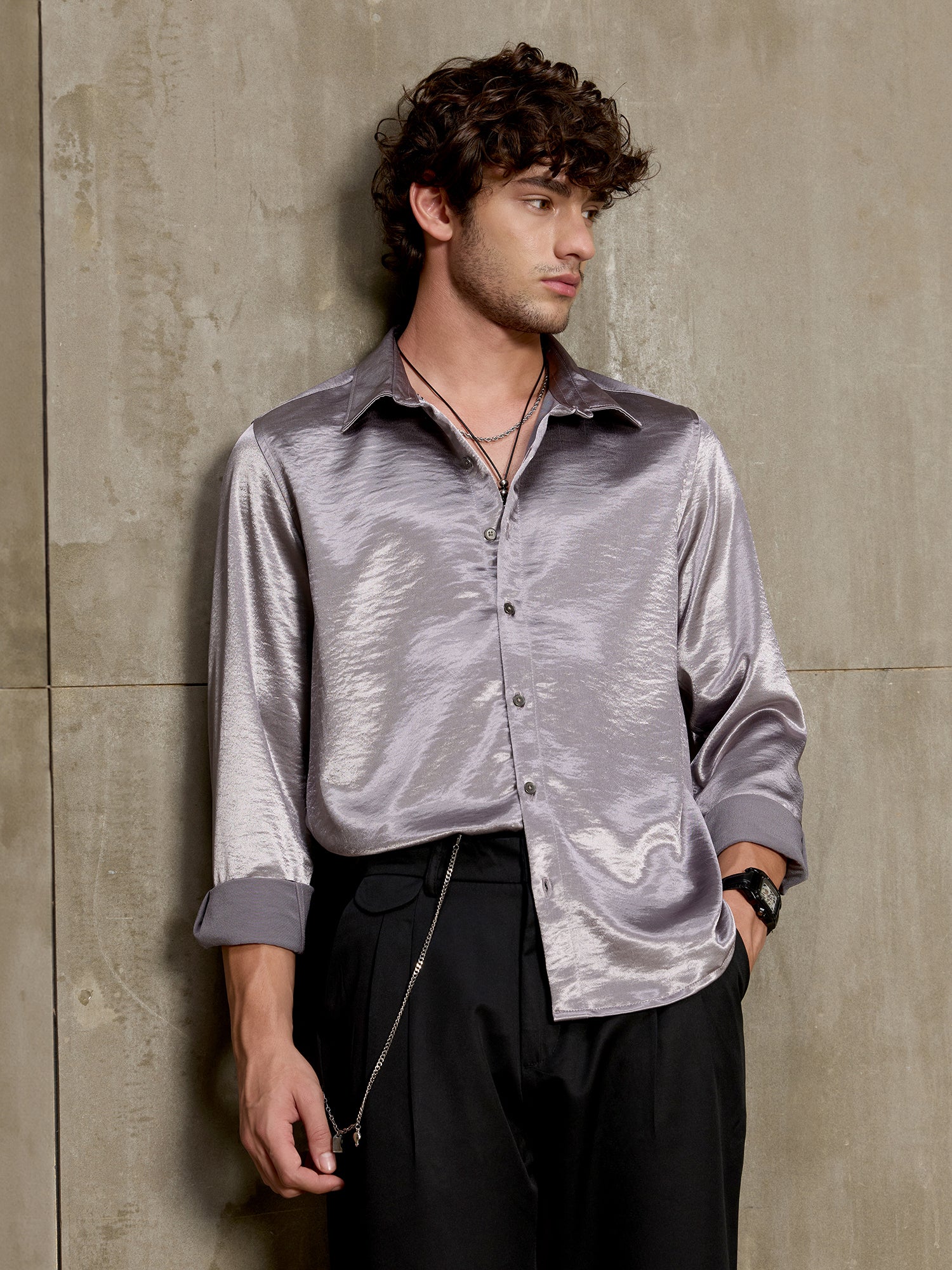 Men Silver Solid Party Shirt