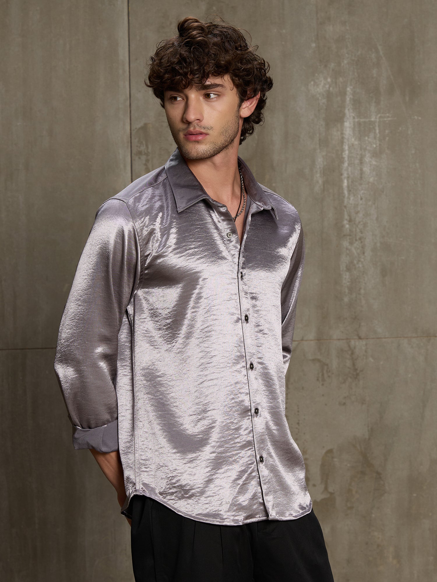 Men Silver Solid Party Shirt