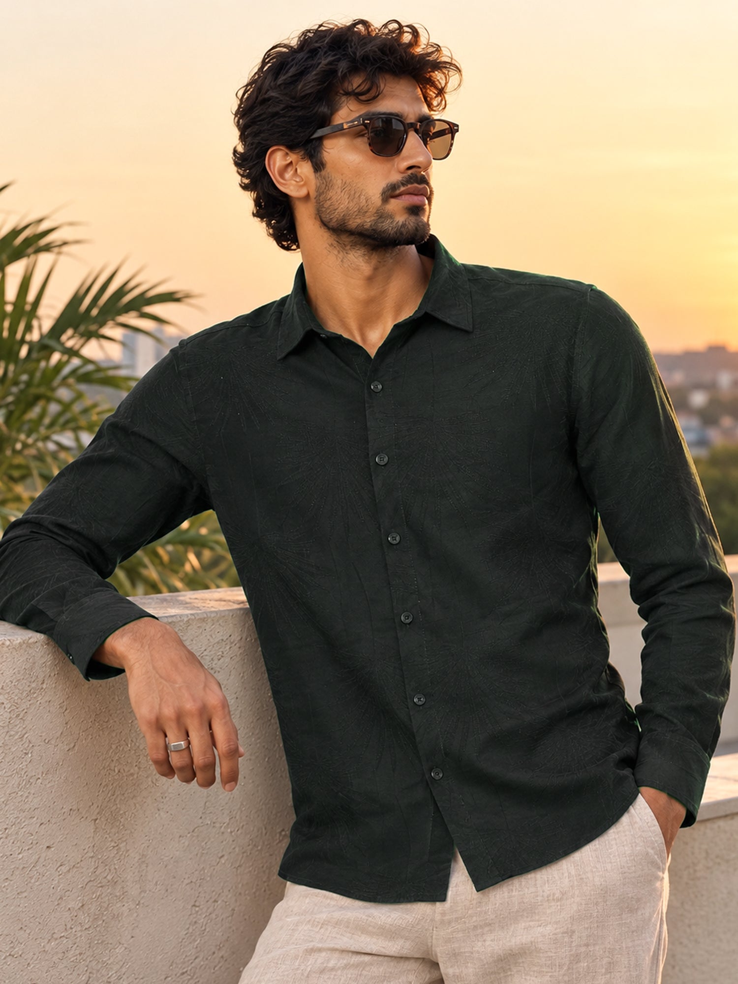 Men Green Jacquard Regular Fit Shirt