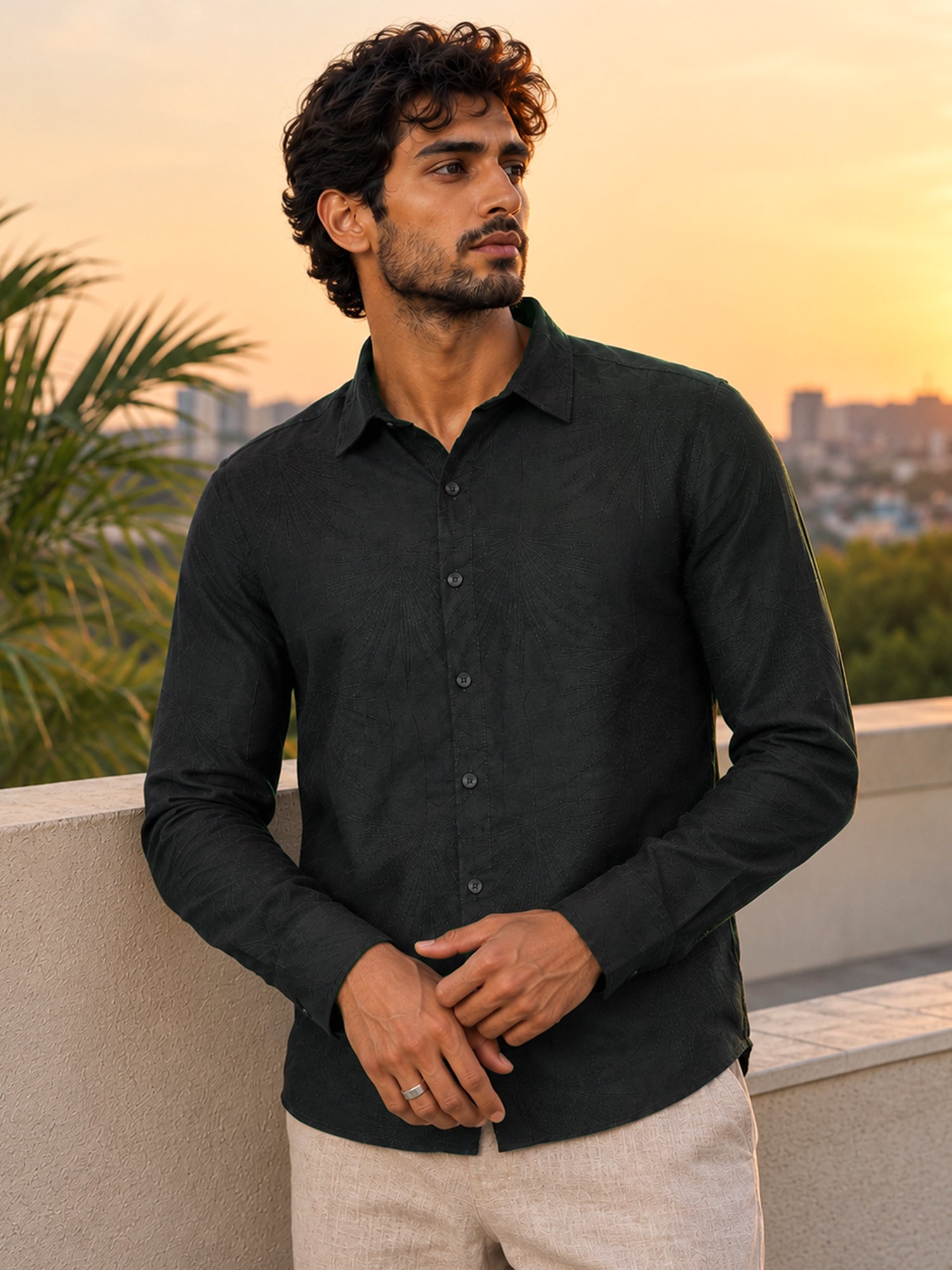 Men Green Jacquard Regular Fit Shirt