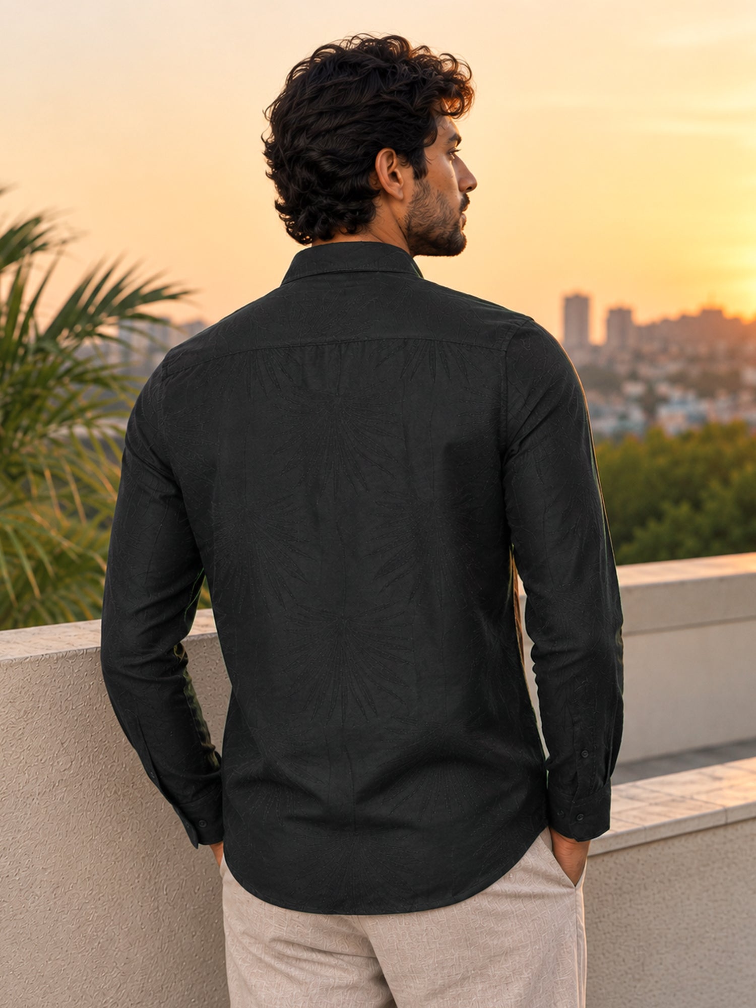 Men Green Jacquard Regular Fit Shirt