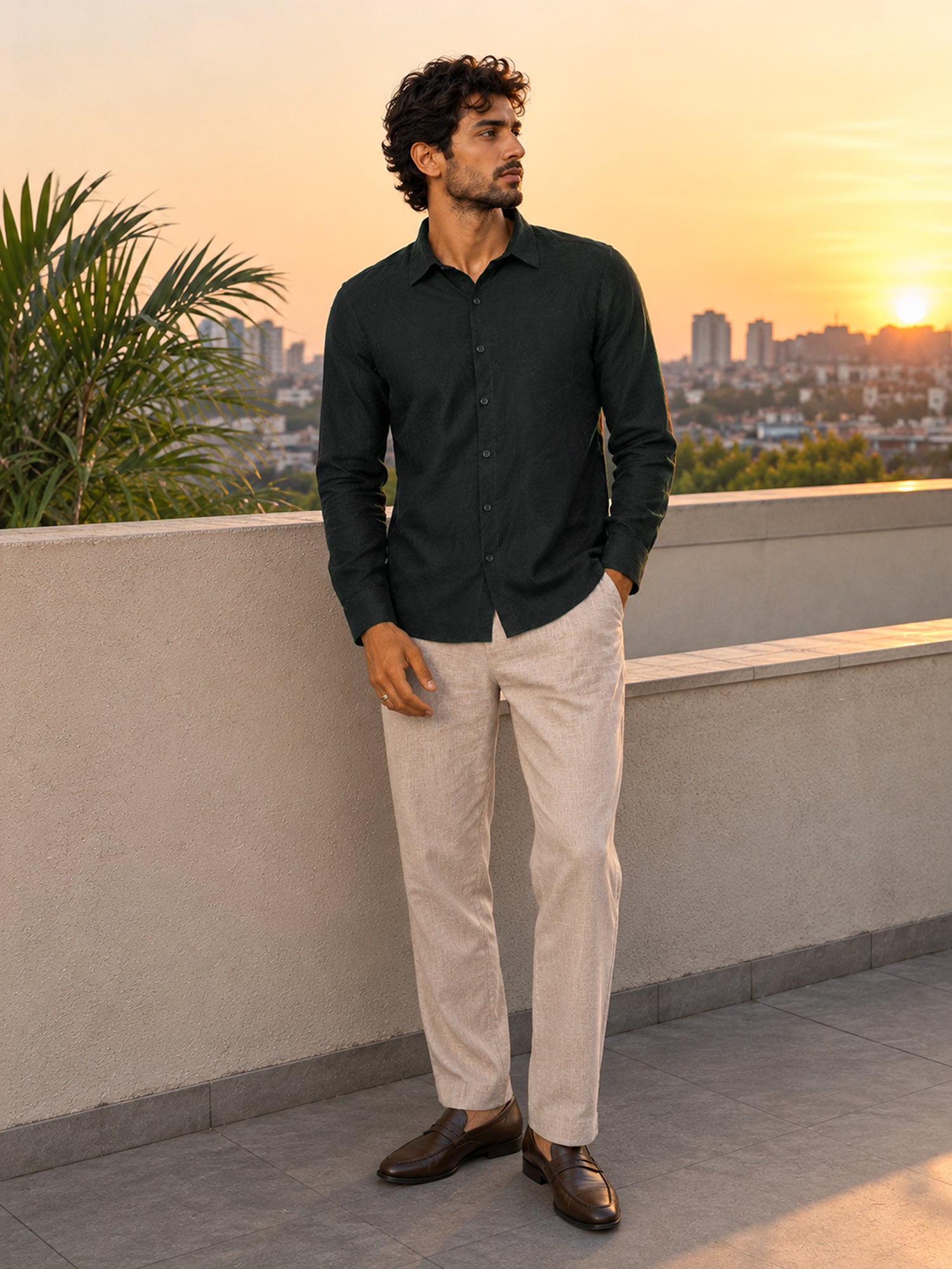 Men Green Jacquard Regular Fit Shirt