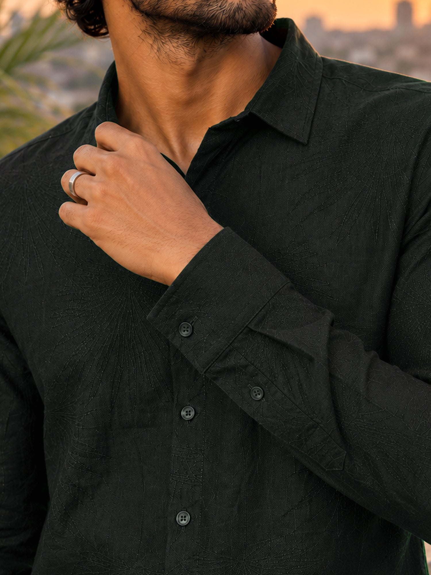 Men Green Jacquard Regular Fit Shirt