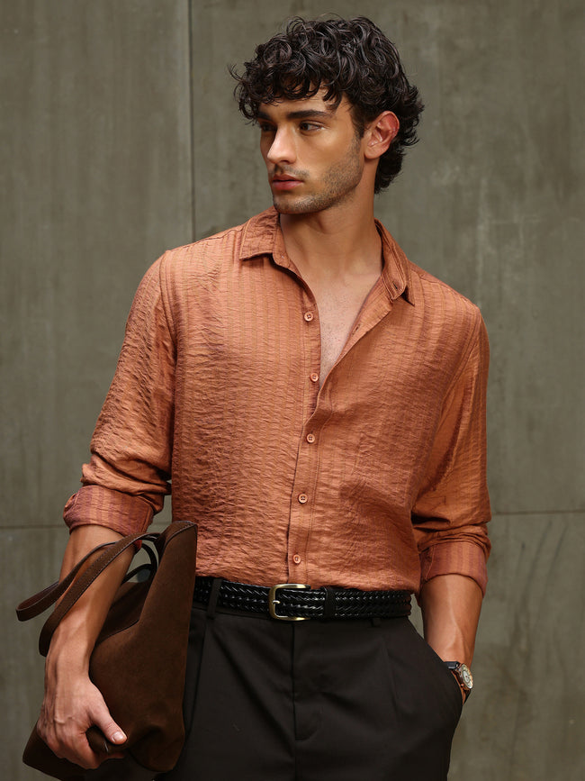Men Orange Self Design Shirt