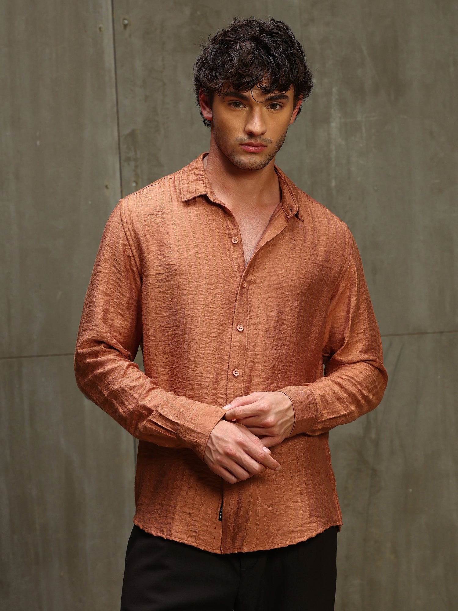 Men Orange Self Design Shirt