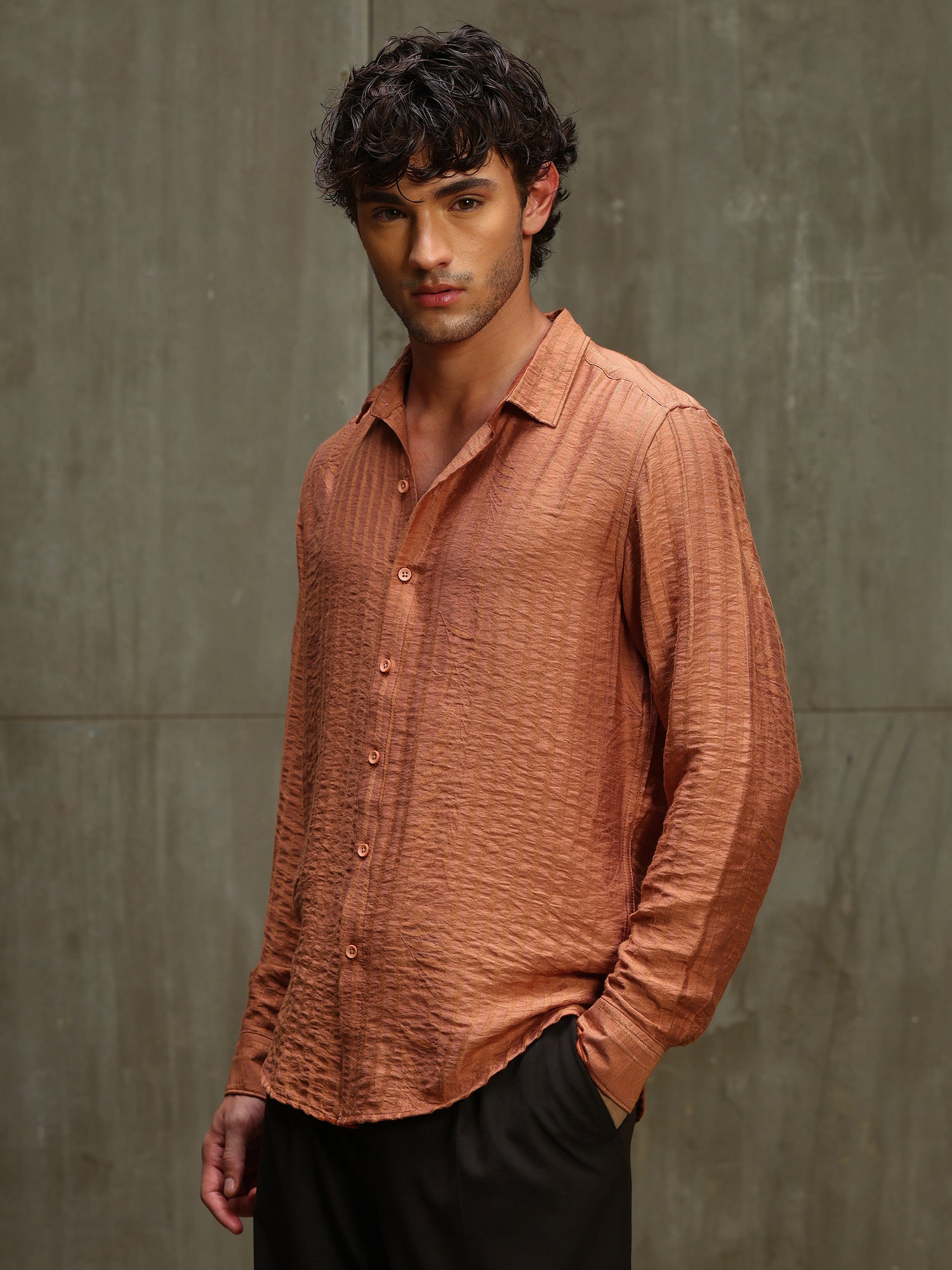 Men Orange Self Design Shirt