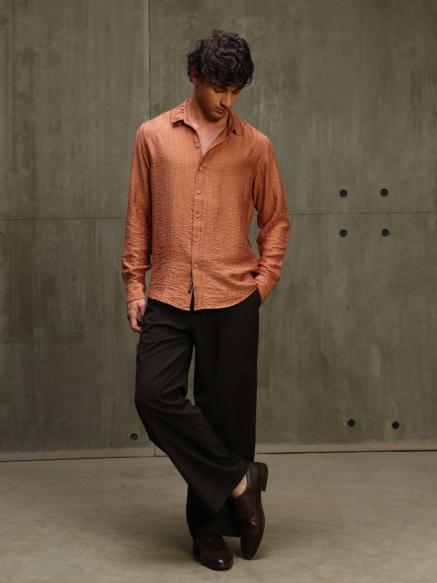 Men Orange Self Design Shirt