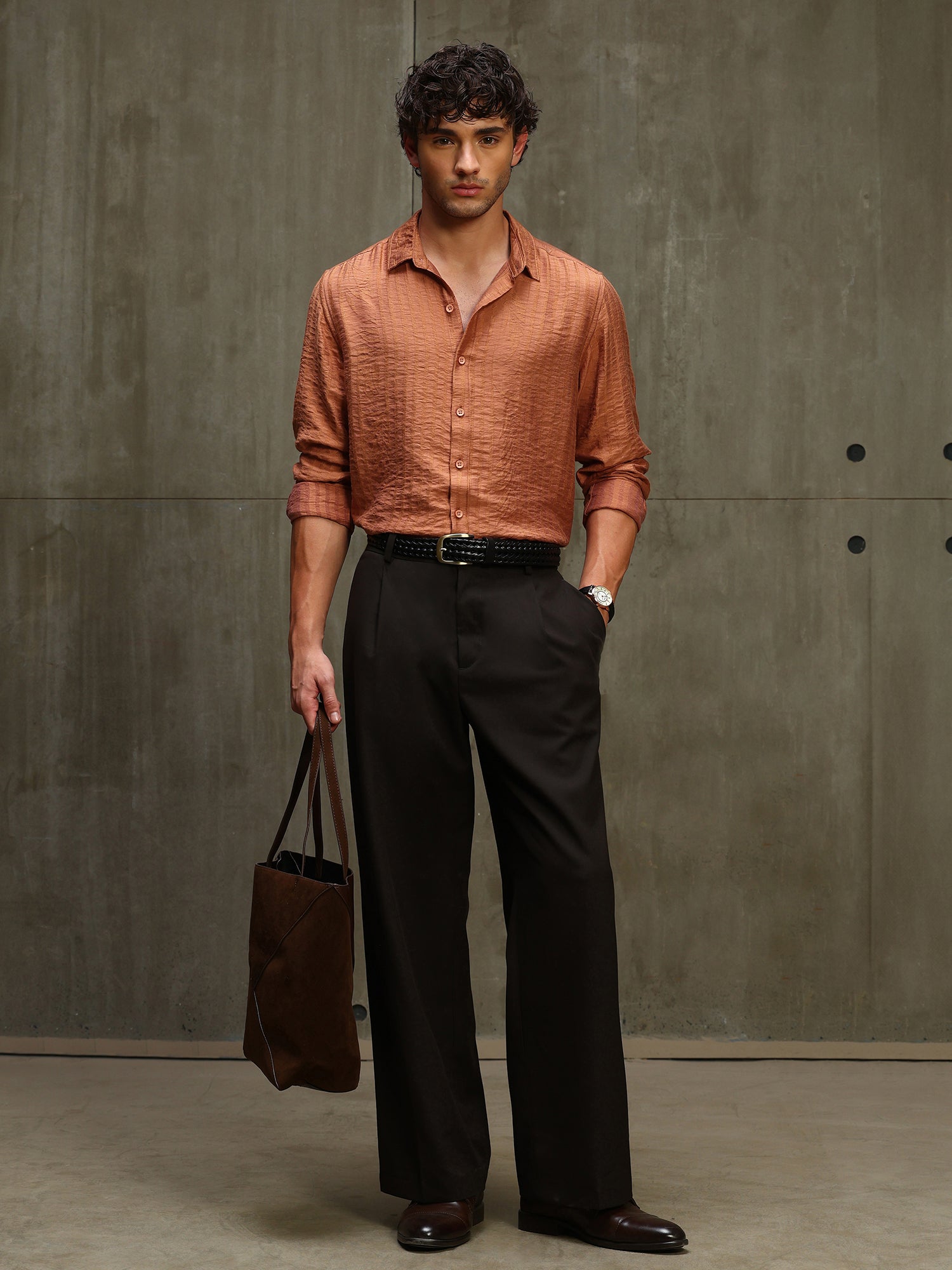 Men Orange Self Design Shirt