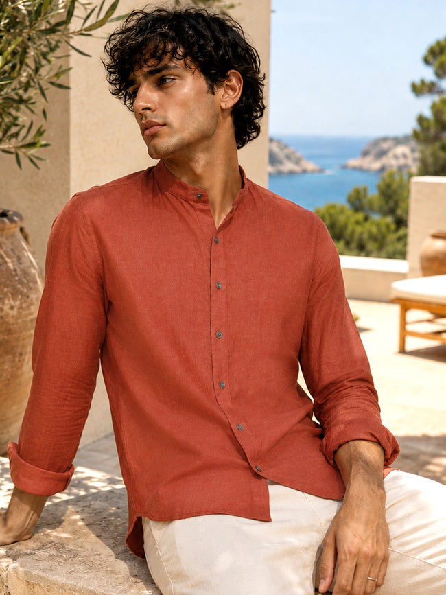 Men Rust Solid Mandarin Collar Cotton Shirt