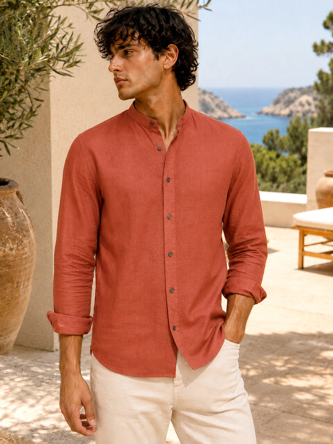 Men Rust Solid Mandarin Collar Cotton Shirt