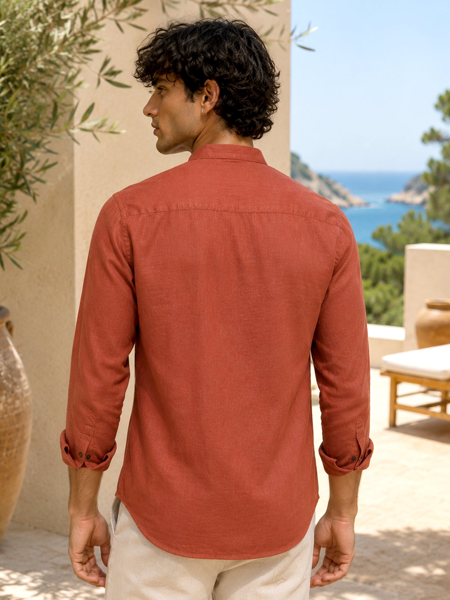 Men Rust Solid Mandarin Collar Cotton Shirt